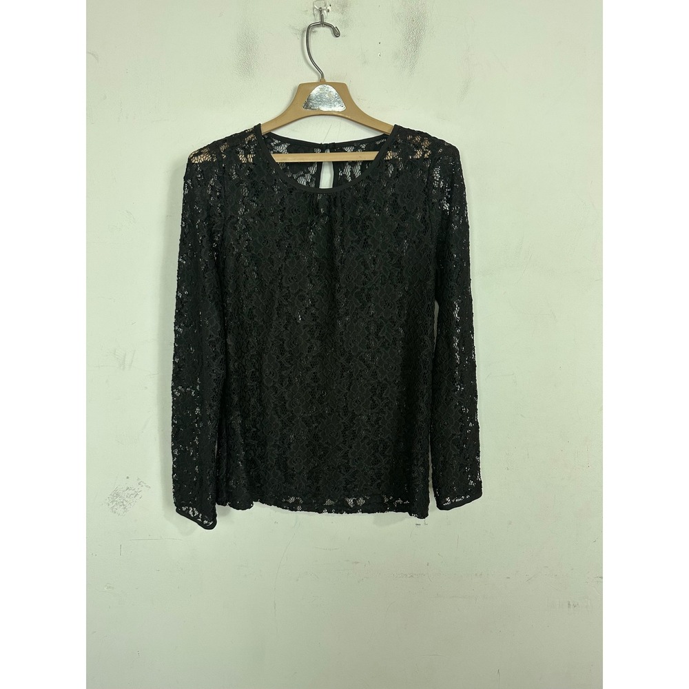 Black Floral Lace Long Sleeve Top Sheer Keyhole Back NAB57408RK Small